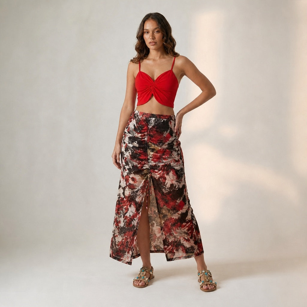 Red Butterfly Top + Abstract Print Skirt Set