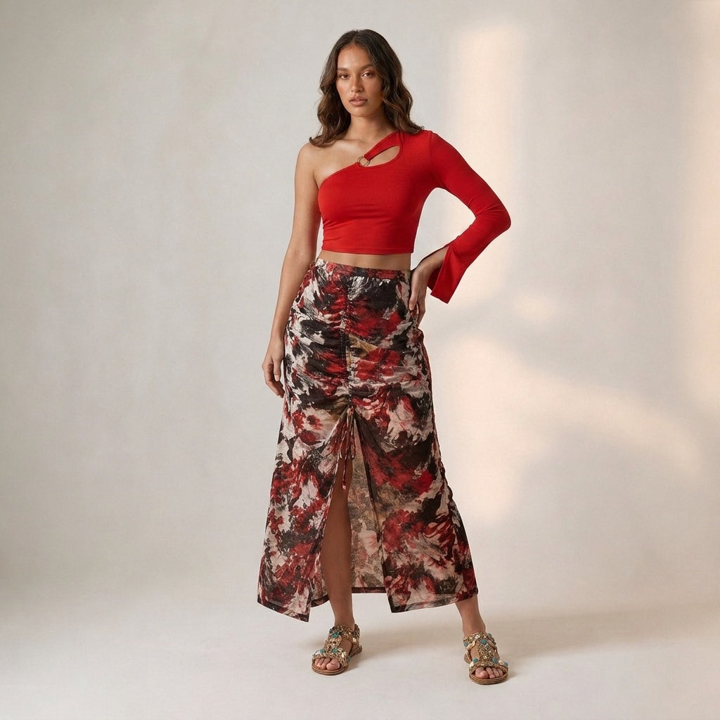 Red Metal Ring Top + Abstract Print Skirt Set