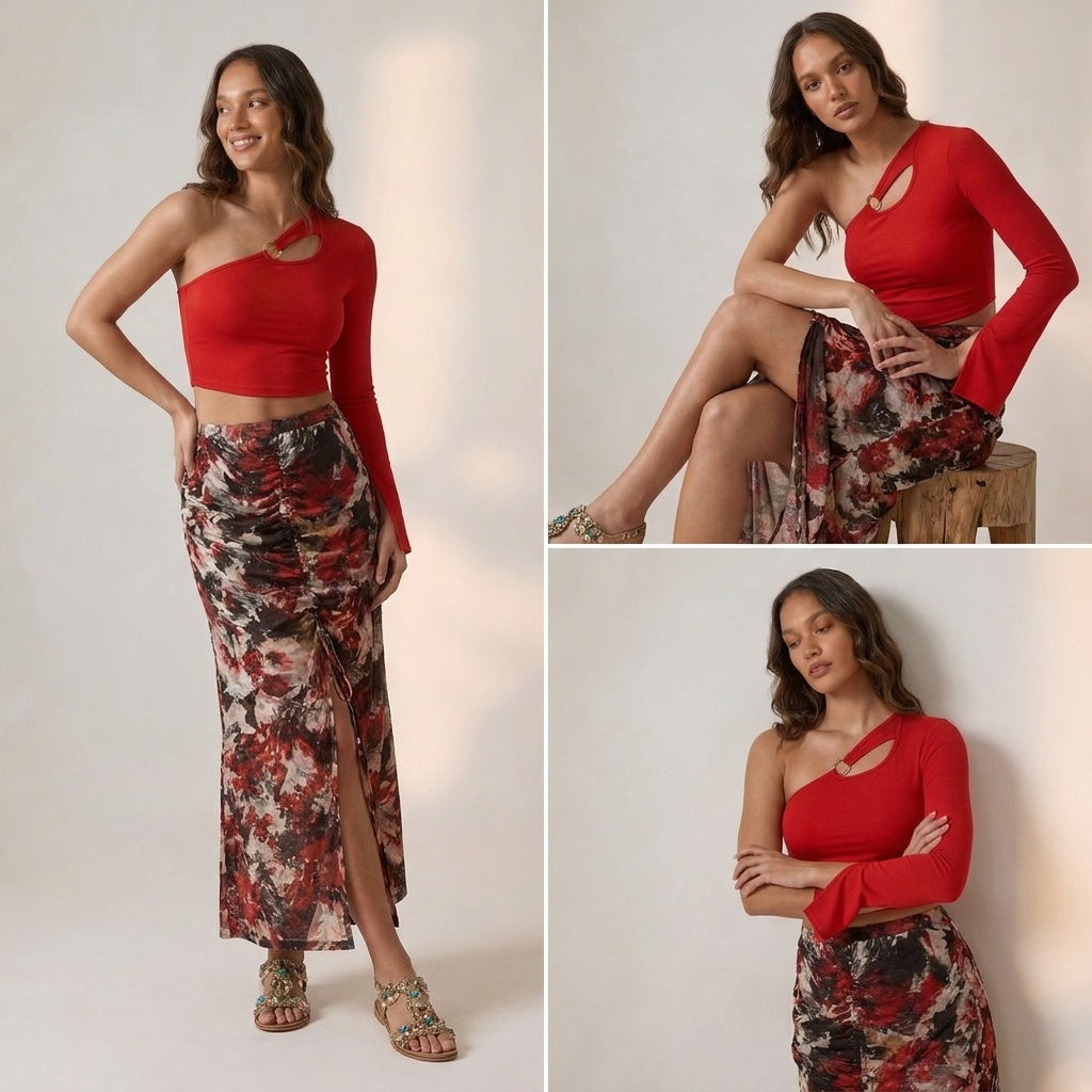 Red Metal Ring Top + Abstract Print Skirt Set