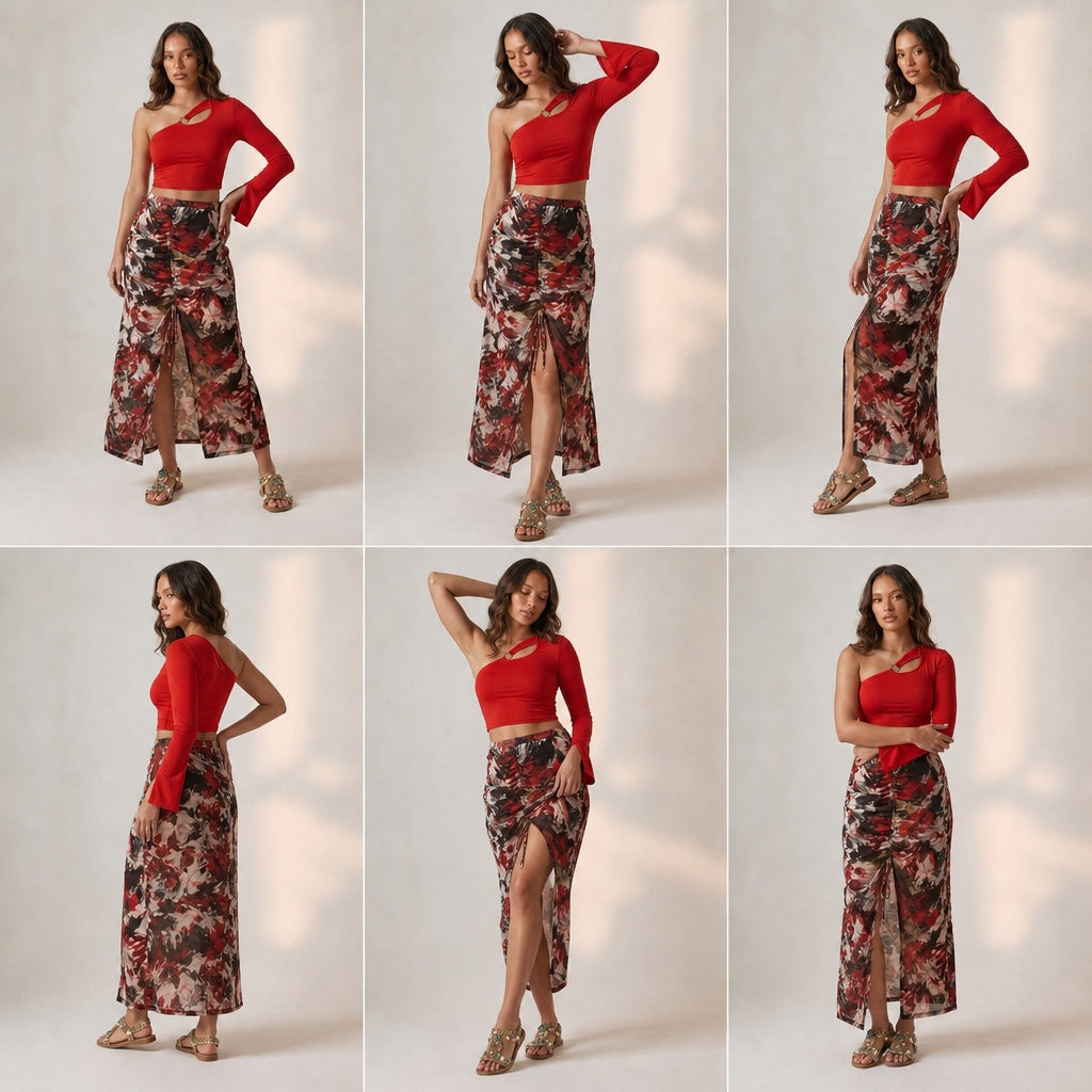 Red Metal Ring Top + Abstract Print Skirt Set