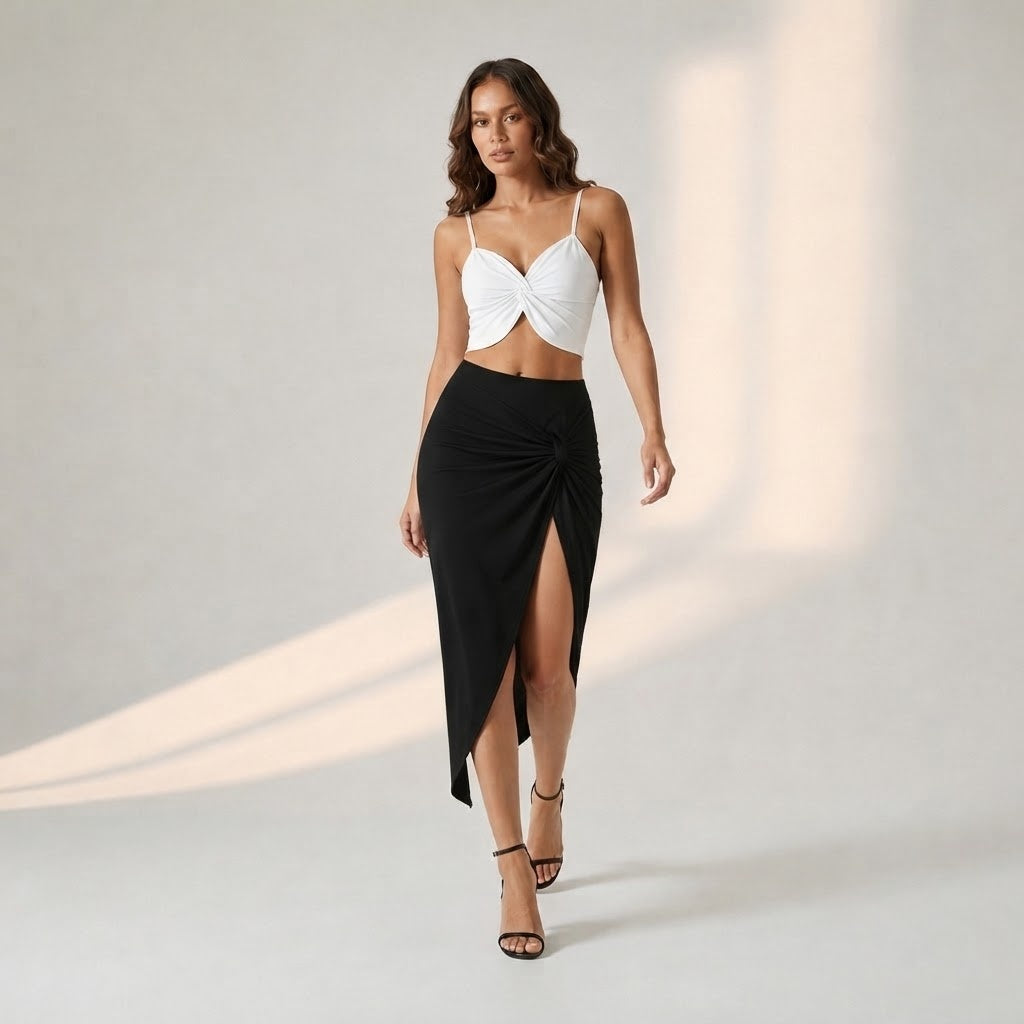 White Butterfly Top + Black Front Knot Skirt Set