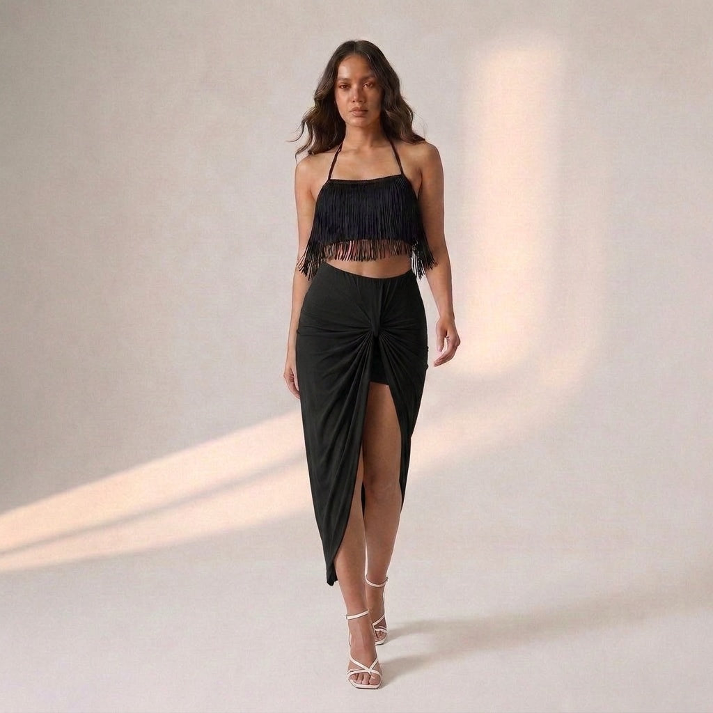 Black Fringe Halter Neck Top + Front Knot Skirt Set