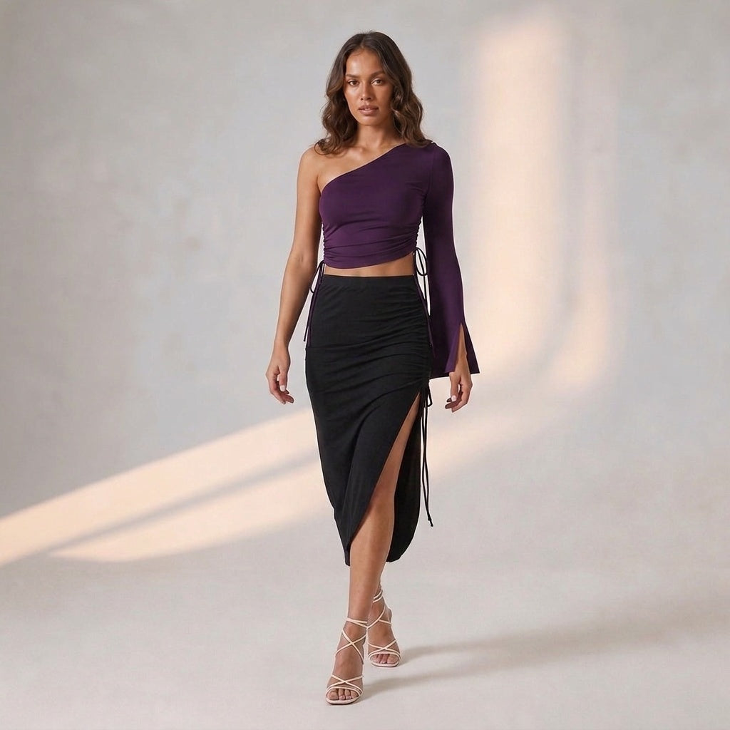 Purple Drawstring Top + Black Drawstring Asymmetrical Skirt Set