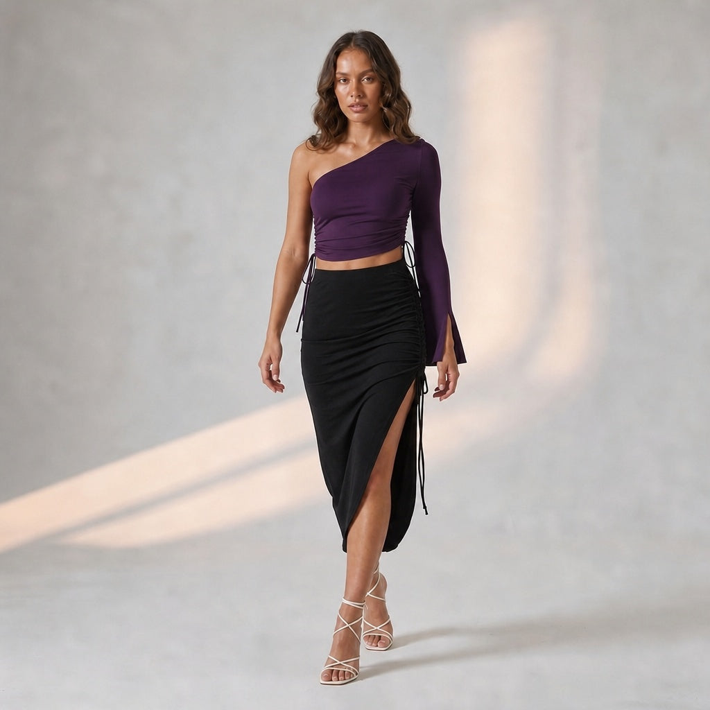 Purple Drawstring Top + Black Drawstring Asymmetrical Skirt Set