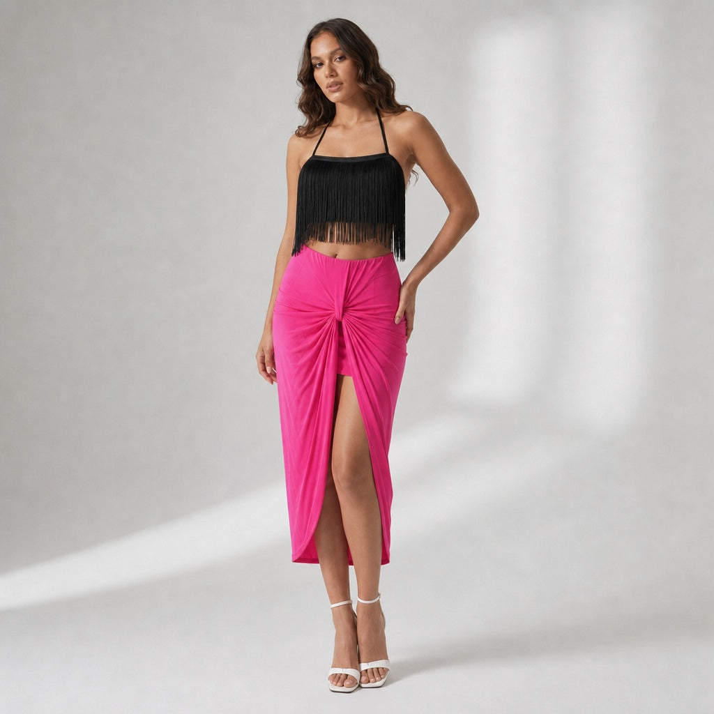 Black Halter Neck Fringes Tie up Top + Barbie Pink Crystal Front Knot Skirt