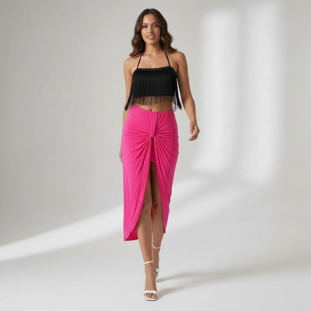Black Halter Neck Fringes Tie up Top + Barbie Pink Crystal Front Knot Skirt