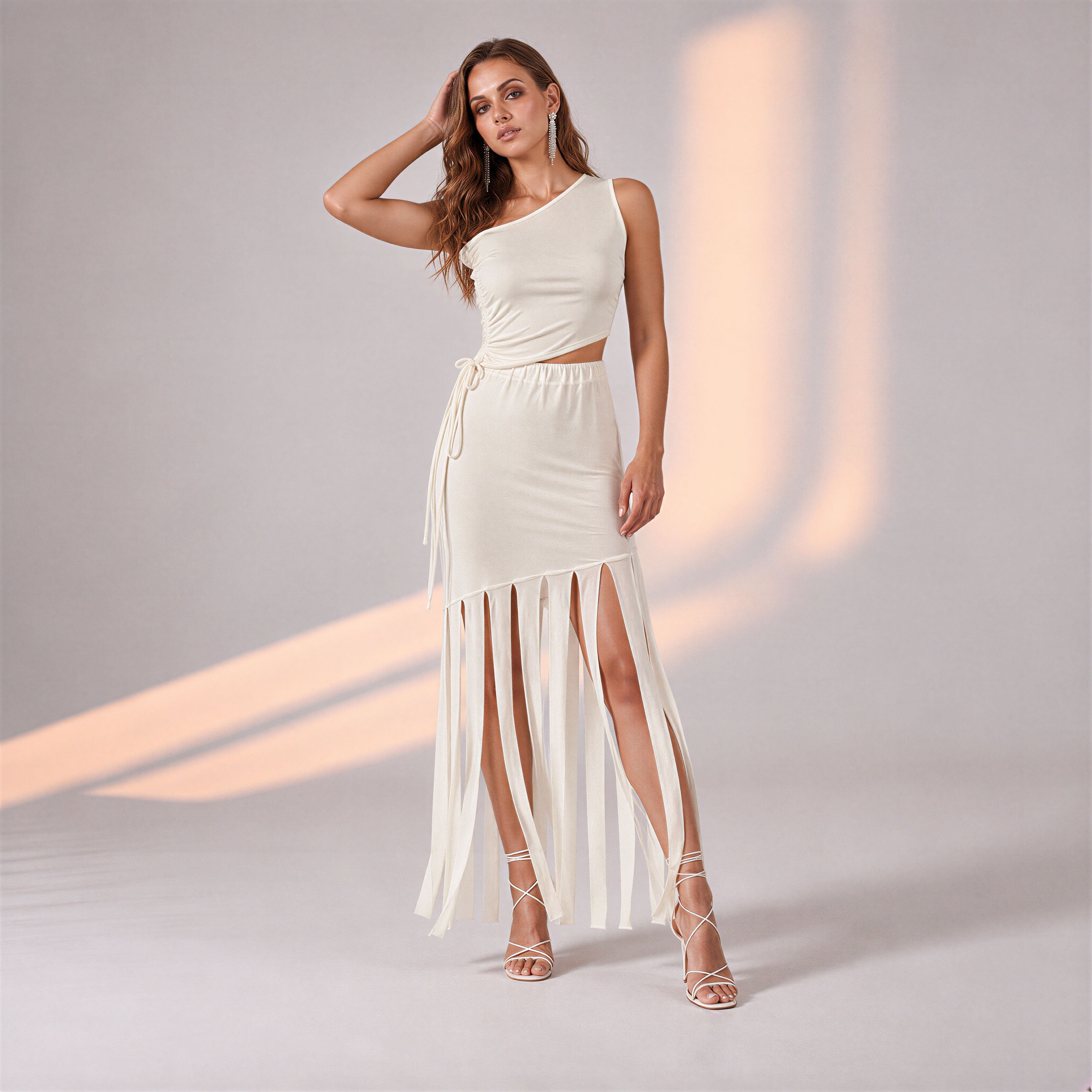 White Off-Shoulder Asymmetrical Hem Drawstring Top