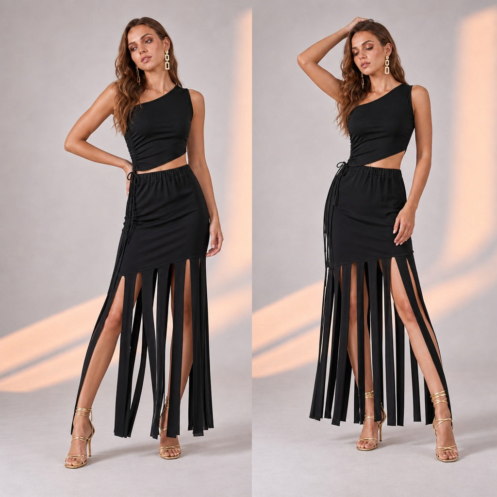 Black Dress Look-a-Like Strip Co-Ord Set