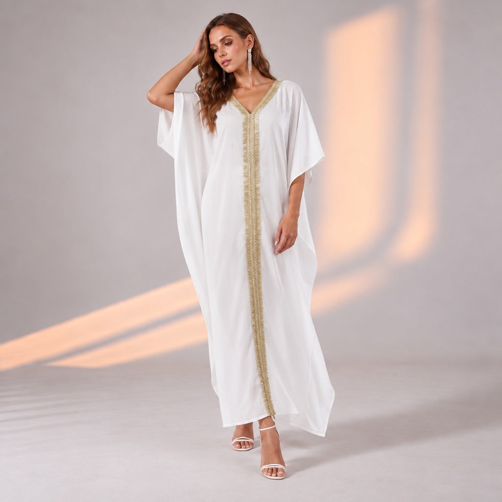 White Brunch Wear Kaftan with Glitter Lace Detail