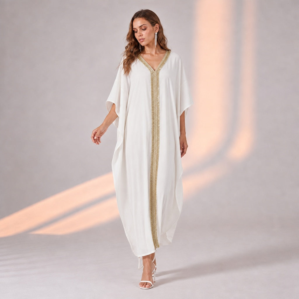 White Brunch Wear Kaftan with Glitter Lace Detail