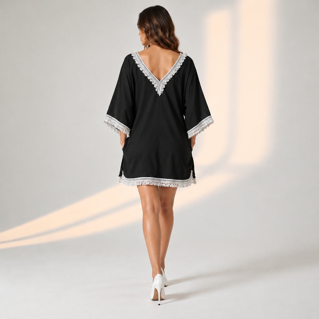 Black Knee Length Dress with Glitter Lace Detail
