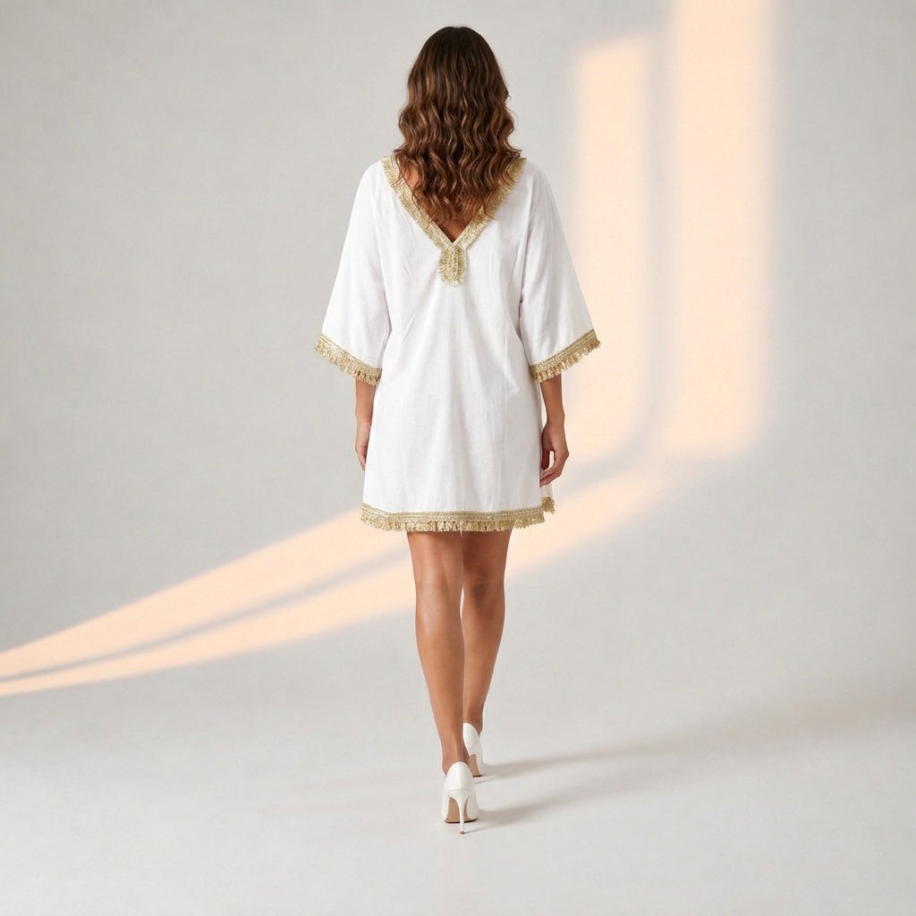 White Knee Length Dress with Glitter Lace Detail