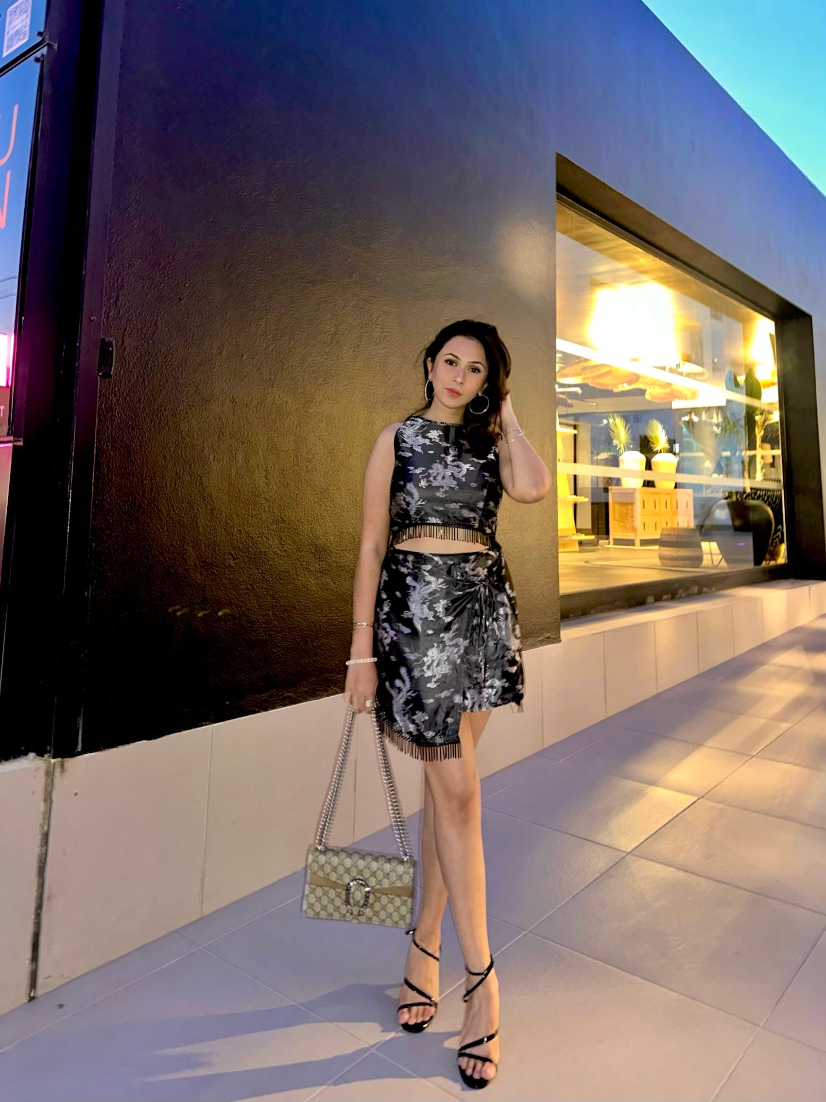 Silver dragon satin top and skirt co-ord with bead detail – Marcel & Mae
