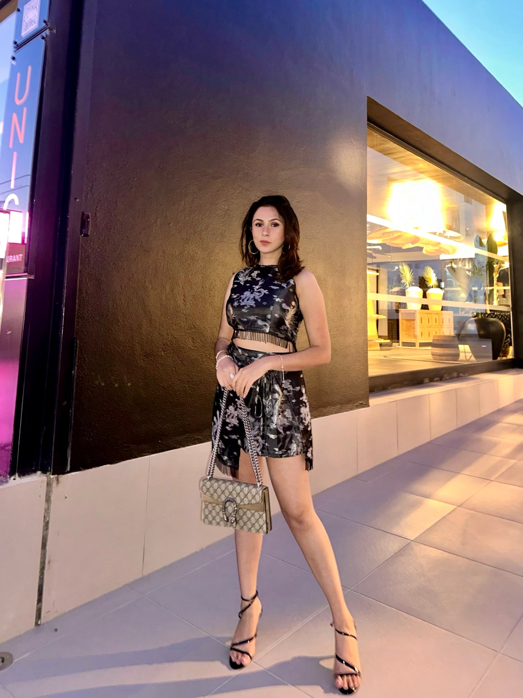 Bead shimmer on silver dragon satin skirt with matching top – festive co ord for women
