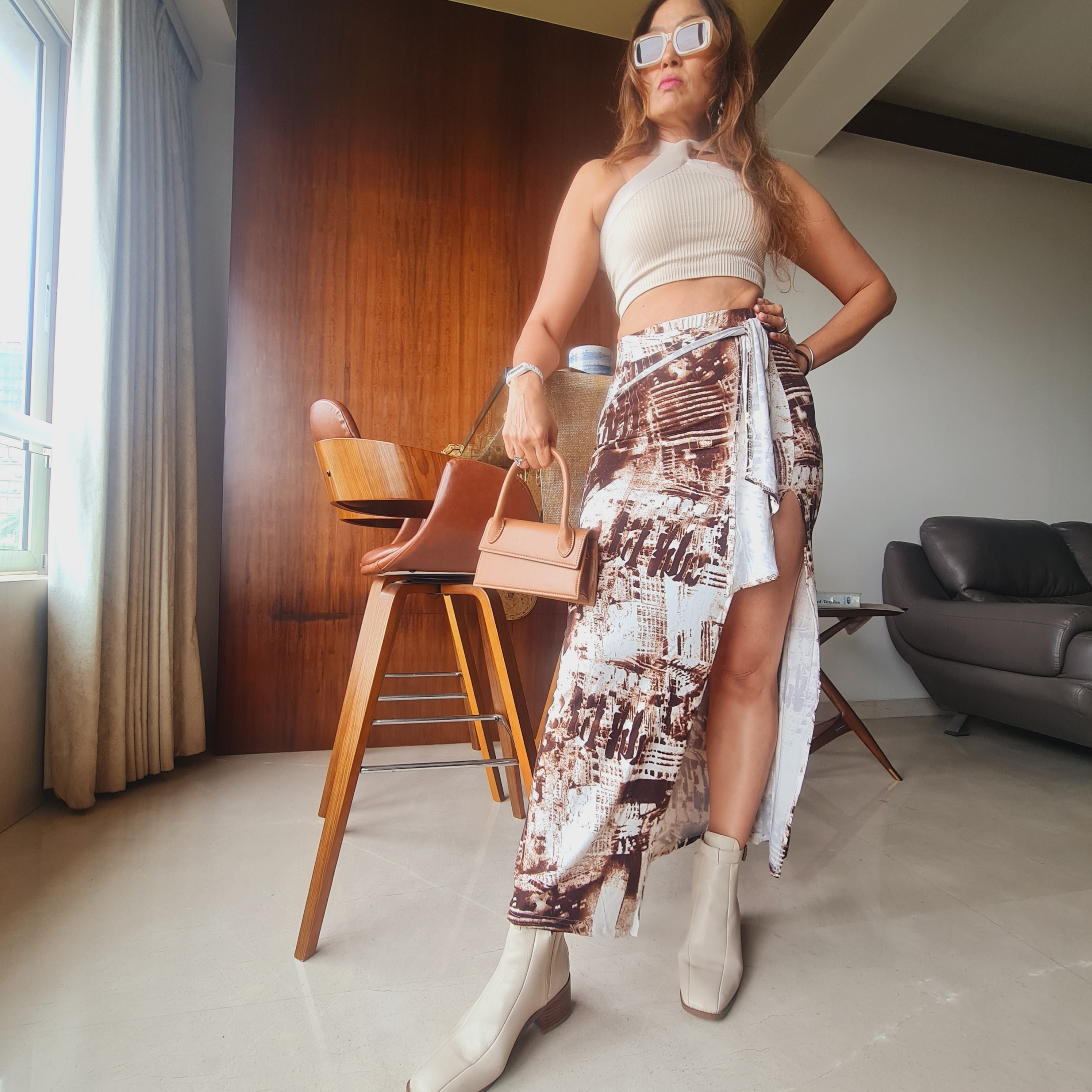 Tie Dye Brown Front Knot Long Skirt – pair with crop top look western long skirt for women, Marcel & Mae

