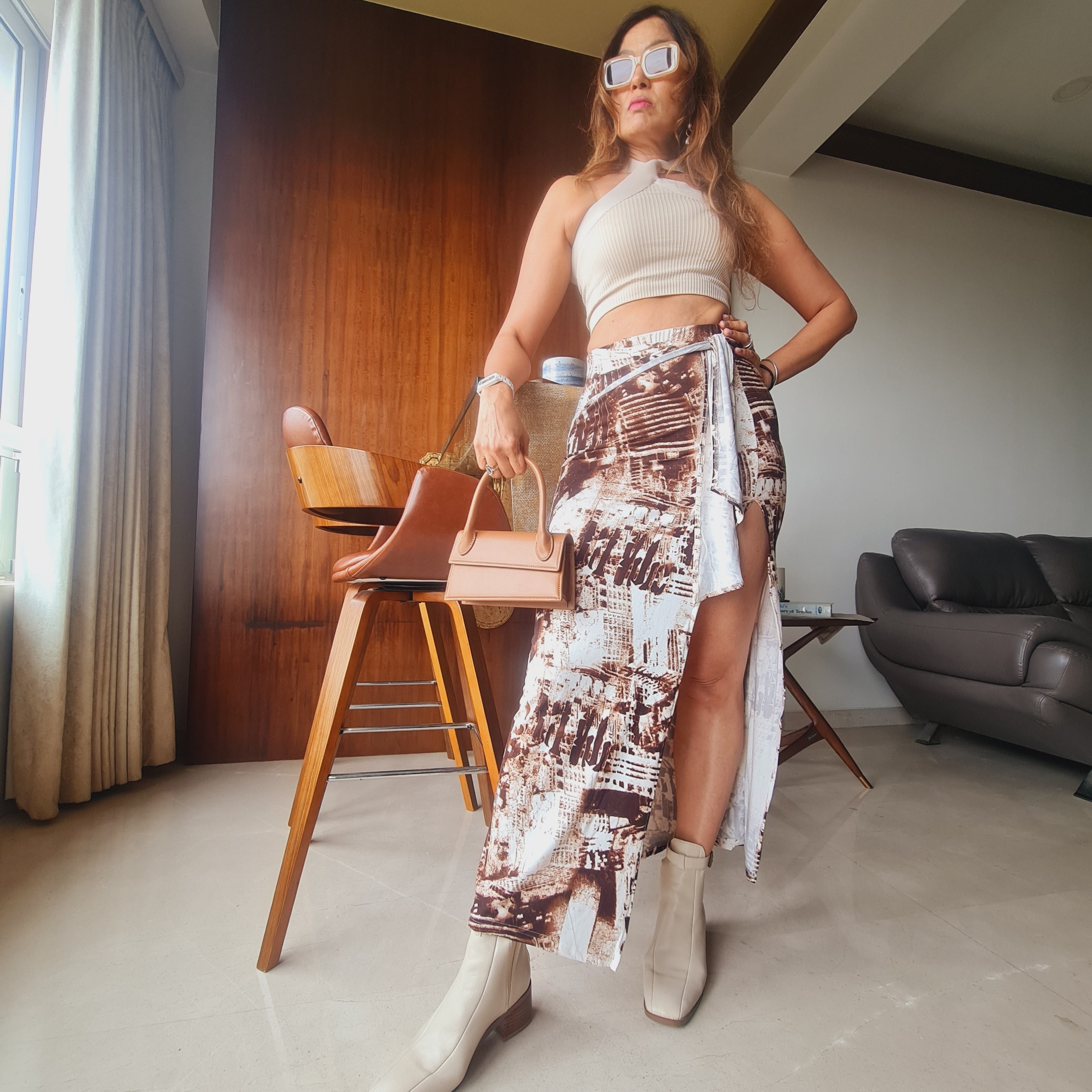 brown long skirt: Tie Dye Brown Front Knot Long Skirt (print detail)

