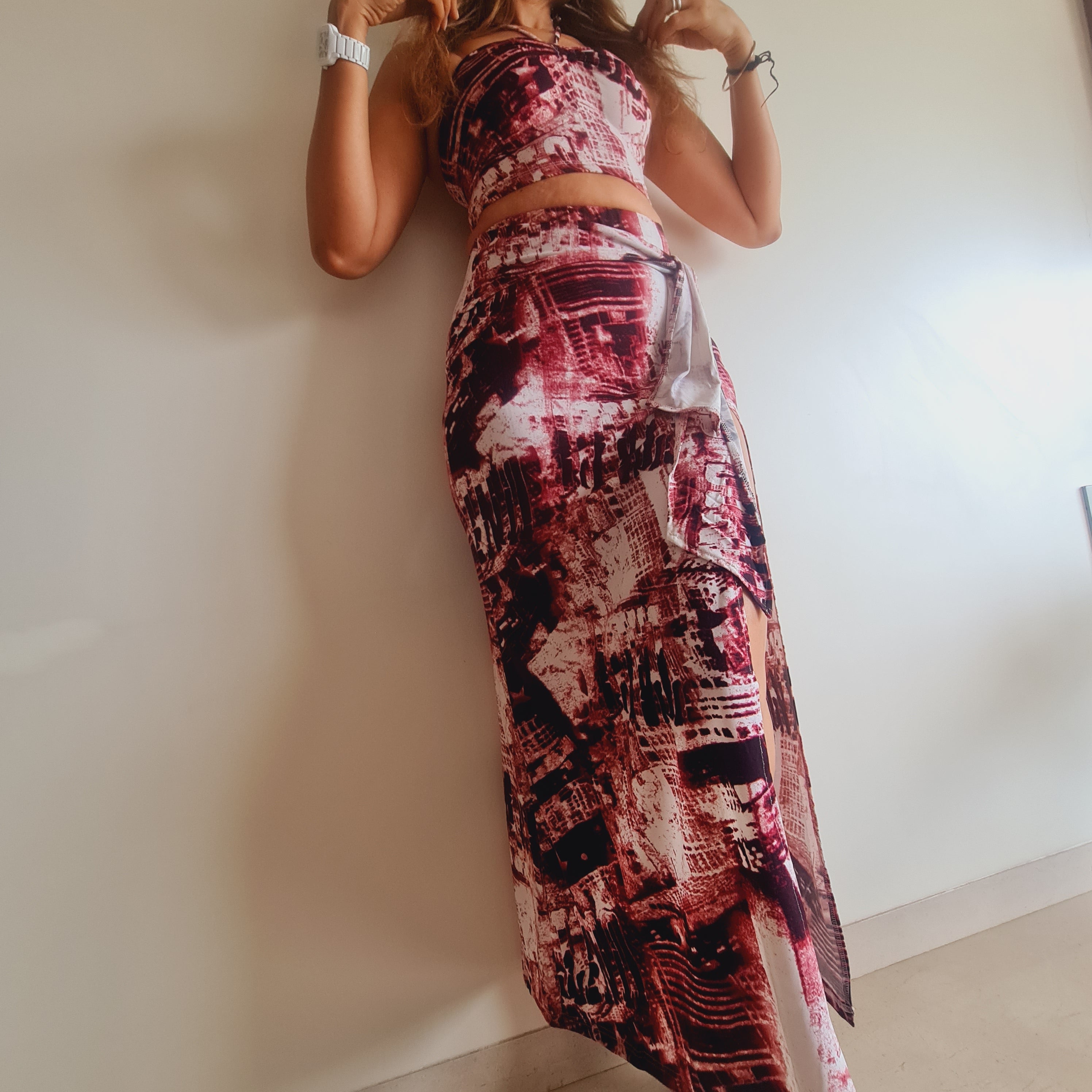 Tie Dye Red Front Knot Long Skirt styled for party and vacation – front view
