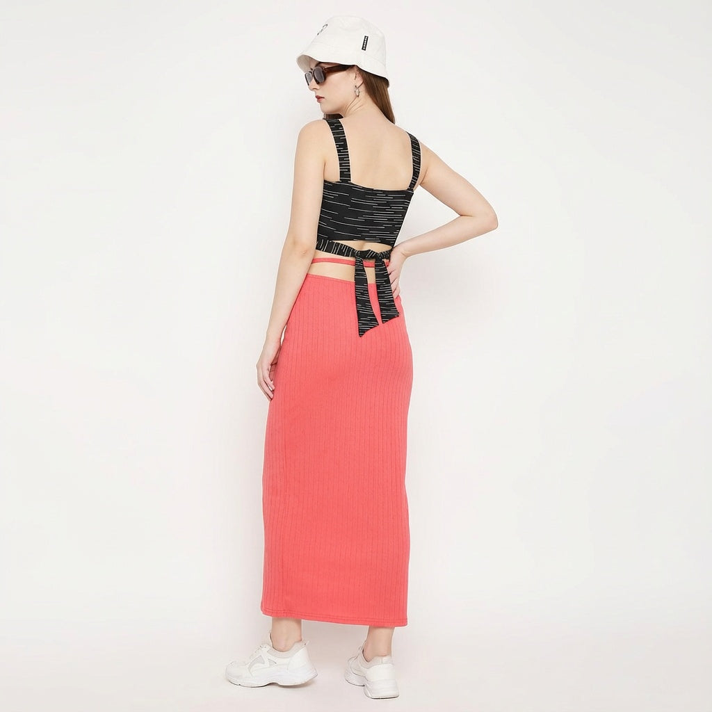 Punch slit skirt with tie-up string and tiny lined crop – contrast co ord for women
