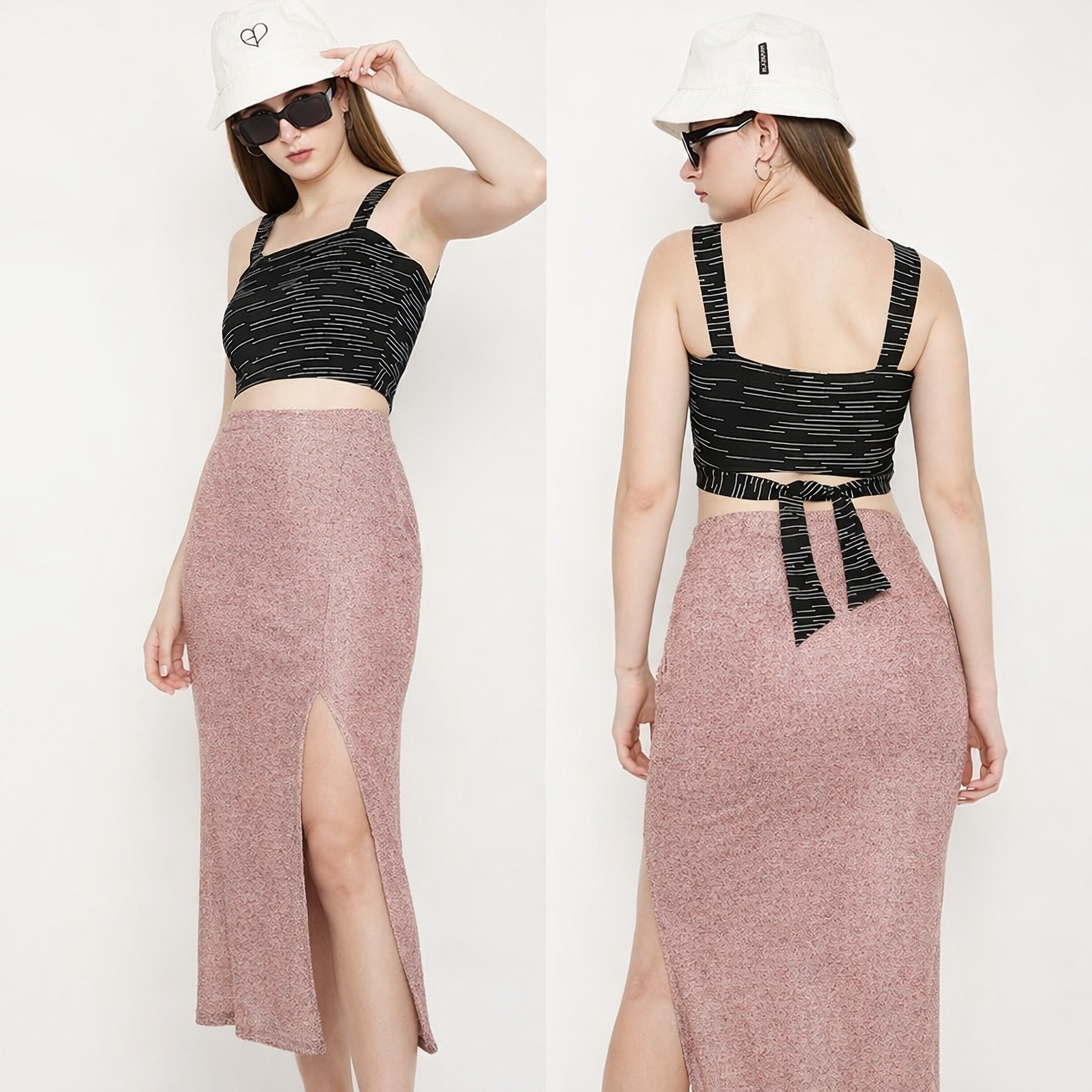 Tiny lined crop top with salmon shimmer slit skirt co-ord – Marcel & Mae
