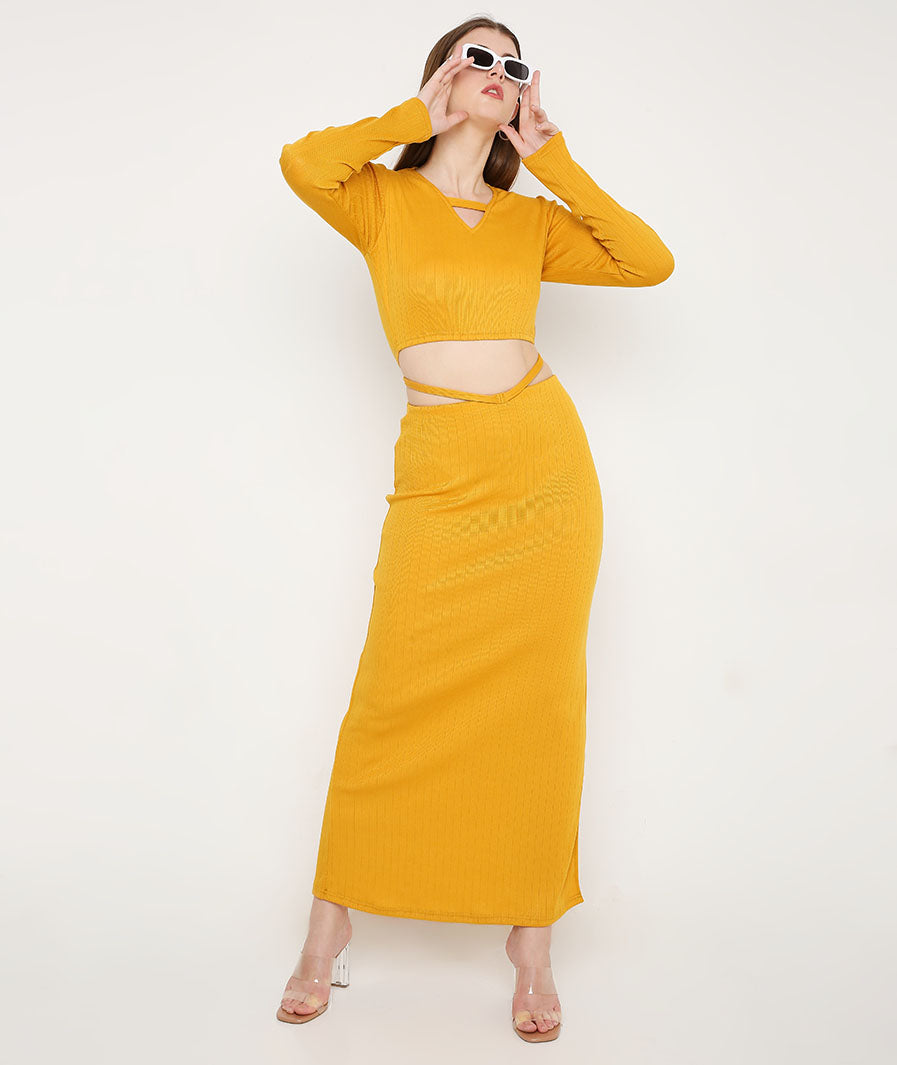 Tuscan sun yellow crop with back window and yellow tie-up slit skirt co-ord – Marcel & Mae
