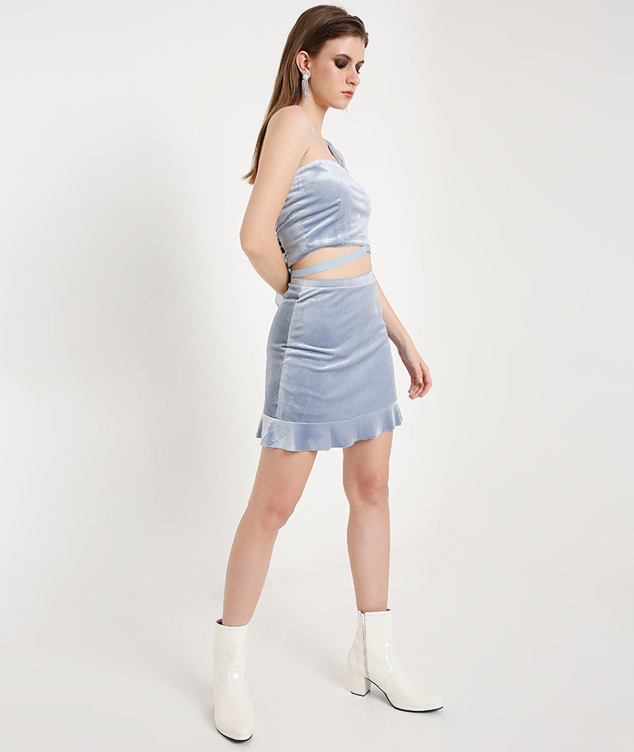 Frill hem on ice grey velvet mini with tie-up top – cool velvet co ord for women
