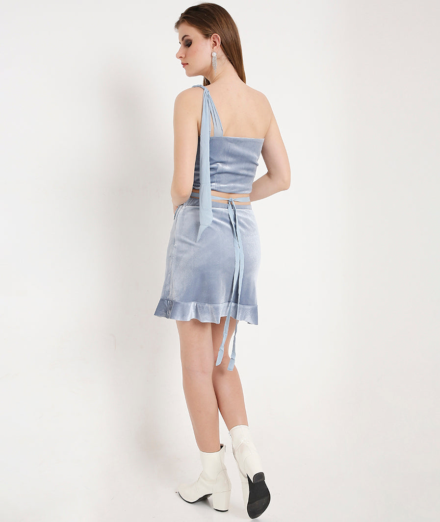 Texture close-up ice grey velvet co-ord top and frill skirt

