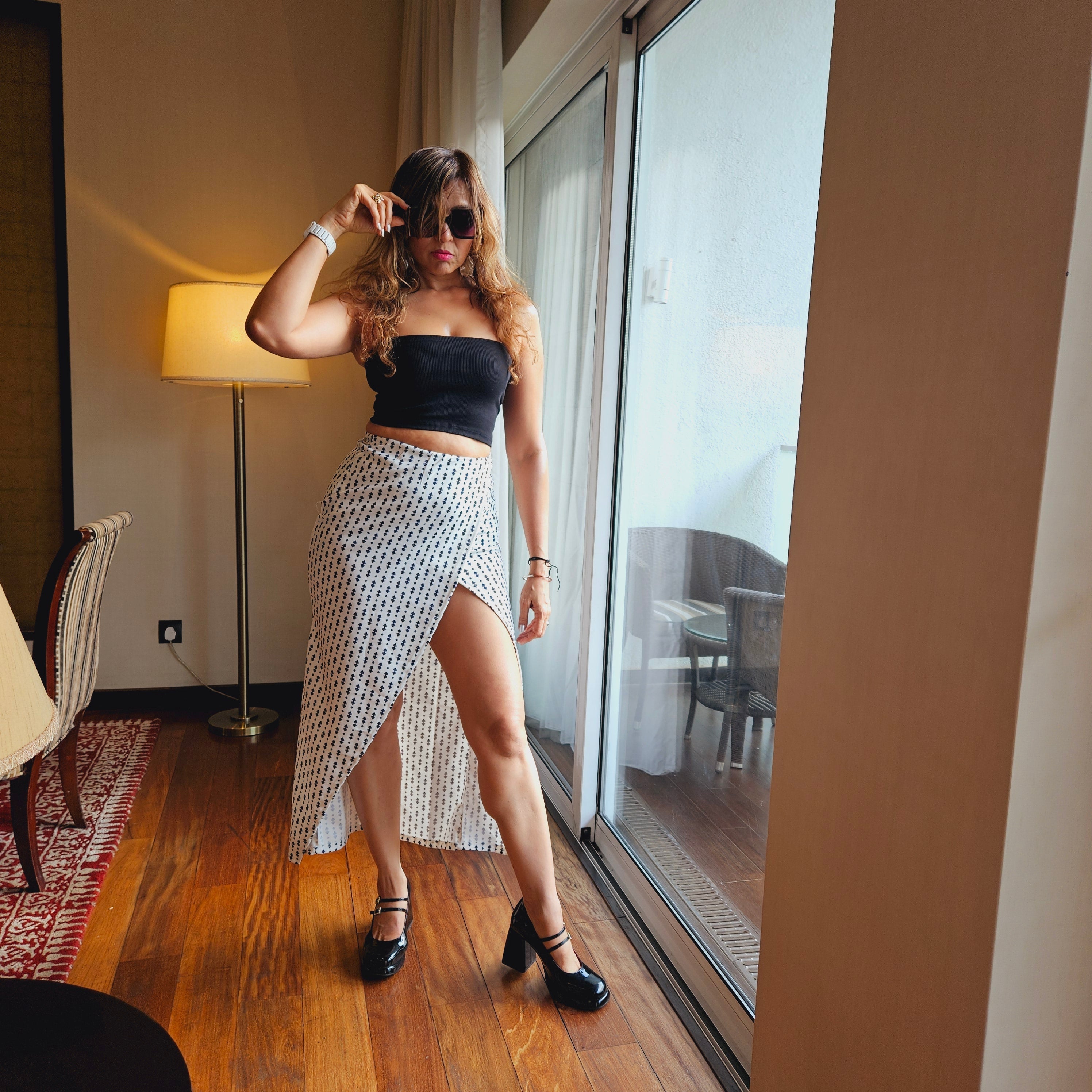 white long skirt: White Card Print Wraparound Long Skirt (side angle)
