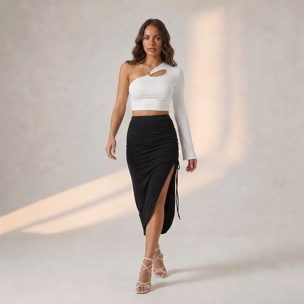 White metal ring off-shoulder top with black drawstring asymmetrical skirt co-ord – Marcel & Mae

