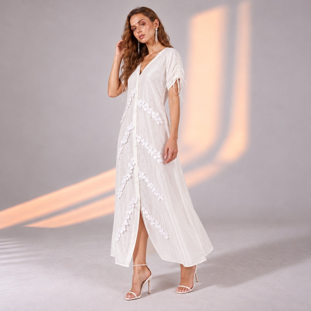 White Tree Button Down Shoulder Drawstring Dress with Branch Lace Detail