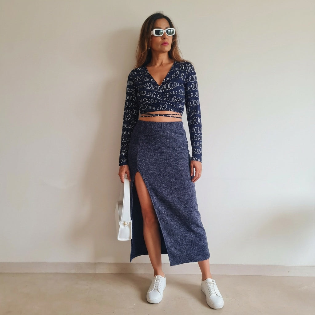 Wired drawstring crop top with blue shimmer slit skirt co-ord – Marcel & Mae
