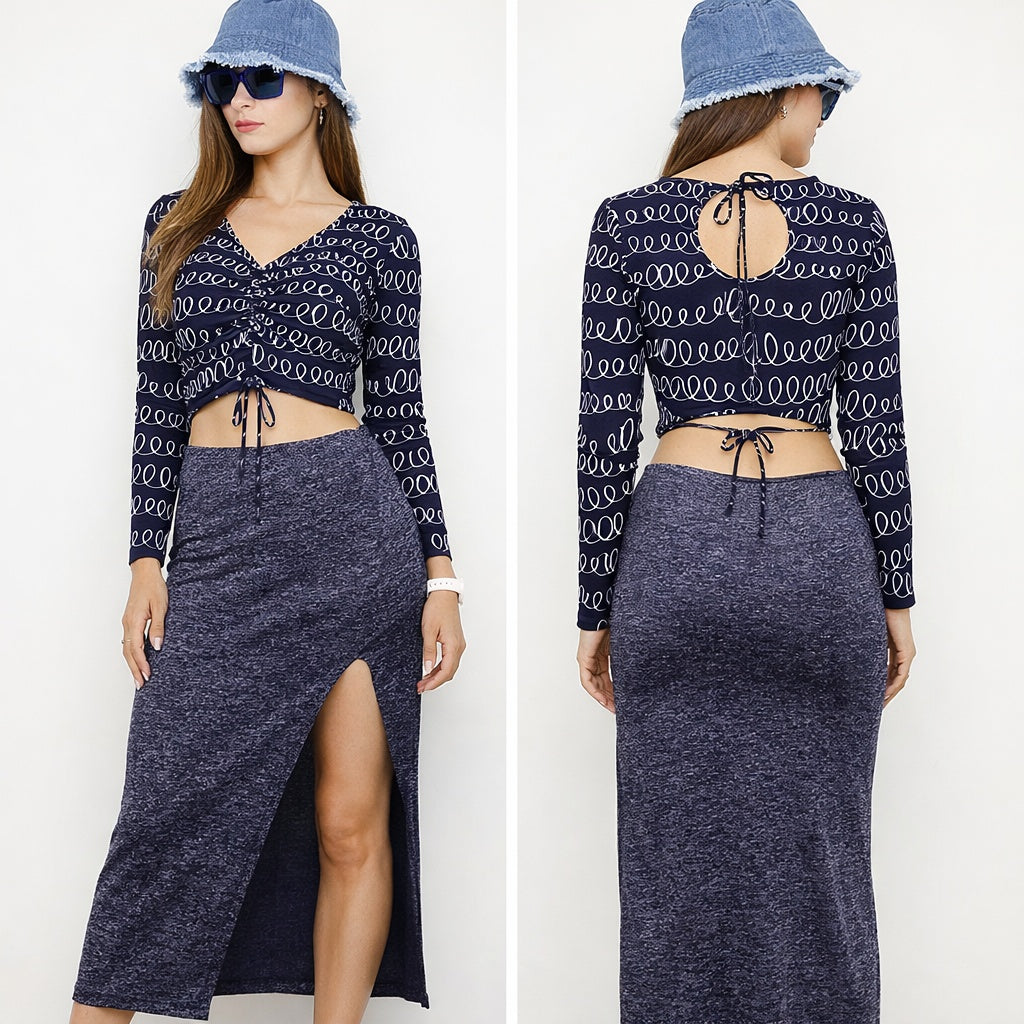 Blue shimmer slit skirt with wired drawstring crop – cool evening co ord for women
