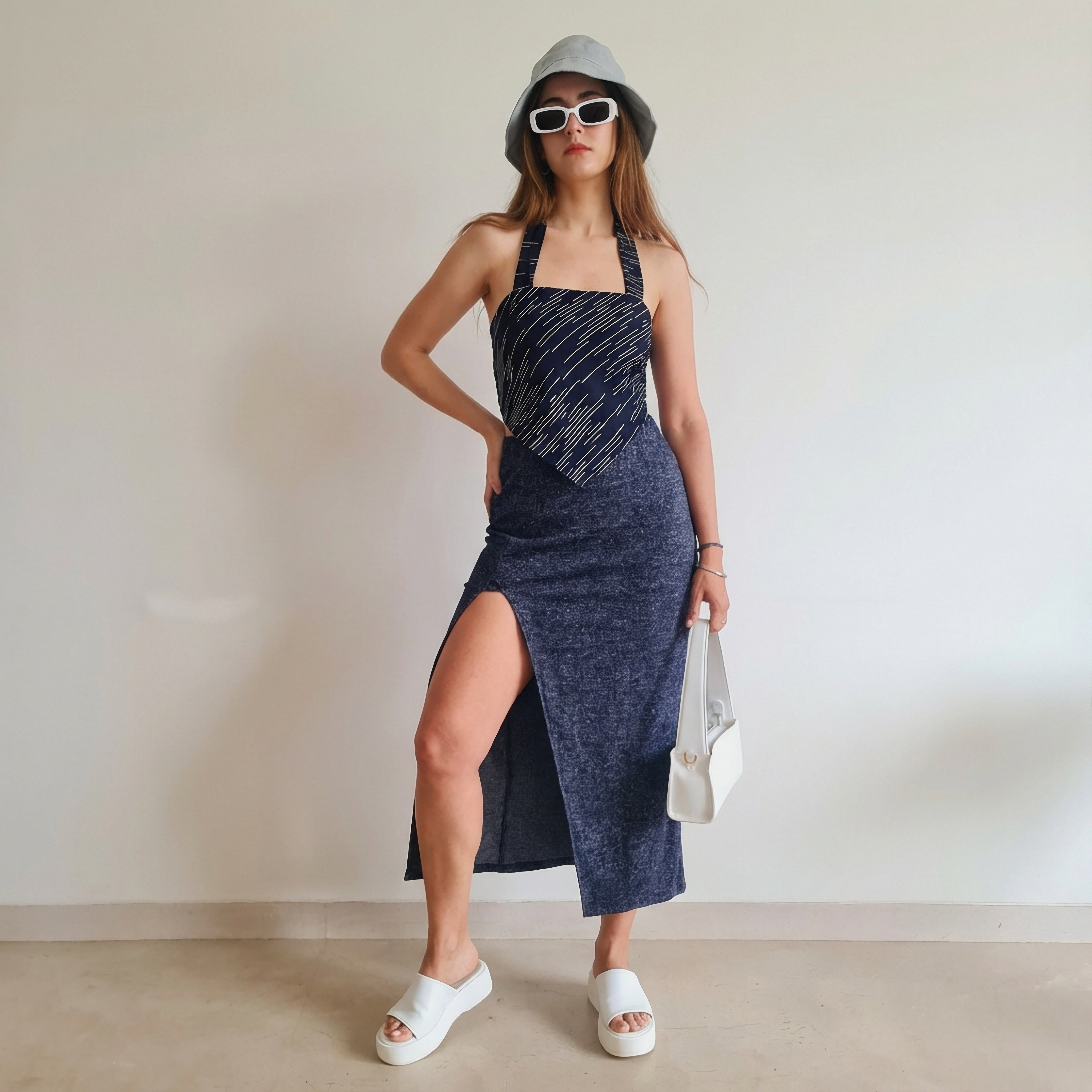 Wired scarf halter top with blue shimmer slit skirt co-ord – Marcel & Mae
