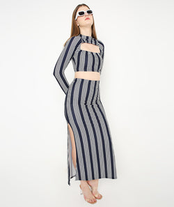 Blue Striped Skirt with Slits