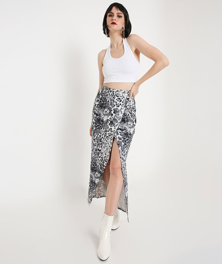 Animal Print Long Tulip Skirt styled for party and vacation – walking shot
