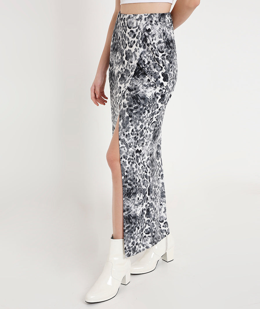 Animal Print Long Tulip Skirt styled for party and vacation – styled full length
