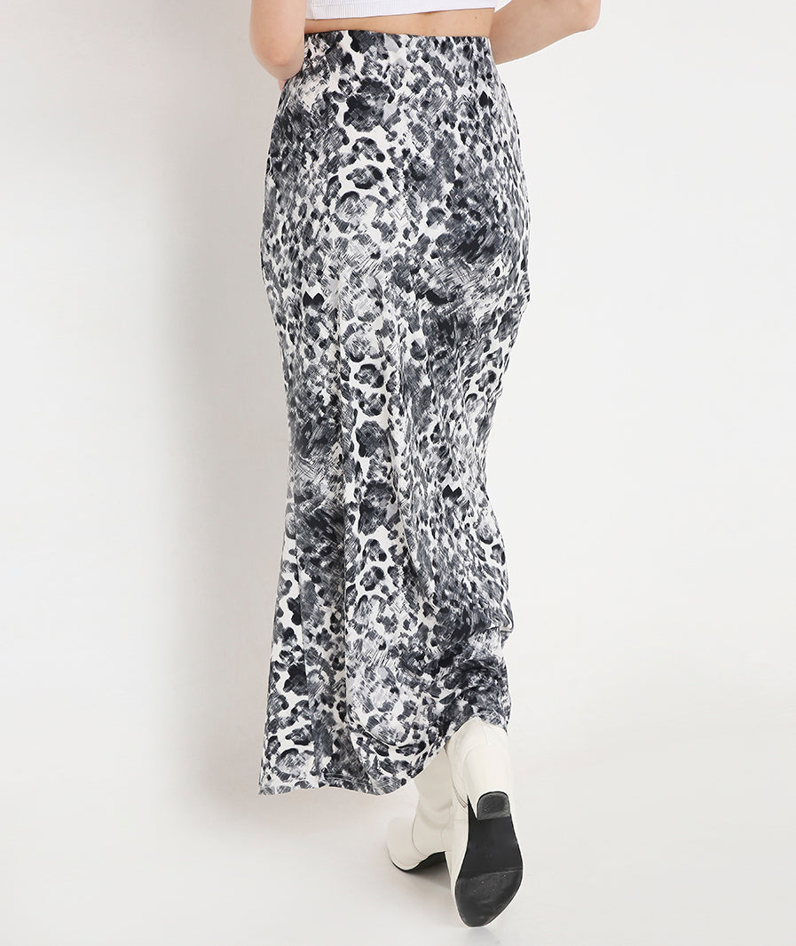 Marcel & Mae Animal Print Long Tulip Skirt, detail close-up, statement long skirt
