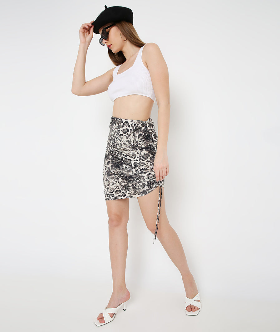 detail close-up of Animal Print Side Drawstring Mini Skirt – soft stretch western skirt, Marcel & Mae
