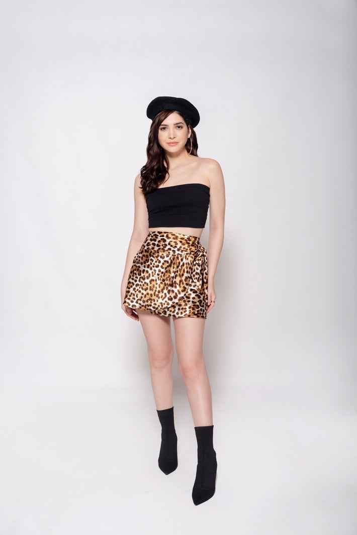 Animal Print Wraparound Mini Skirt styled for party and vacation – styled full length
