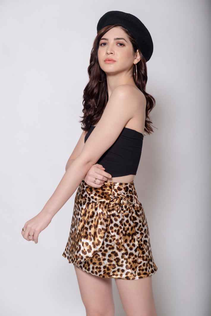 Marcel & Mae Animal Print Wraparound Mini Skirt, pair with crop top look, statement mini skirt
