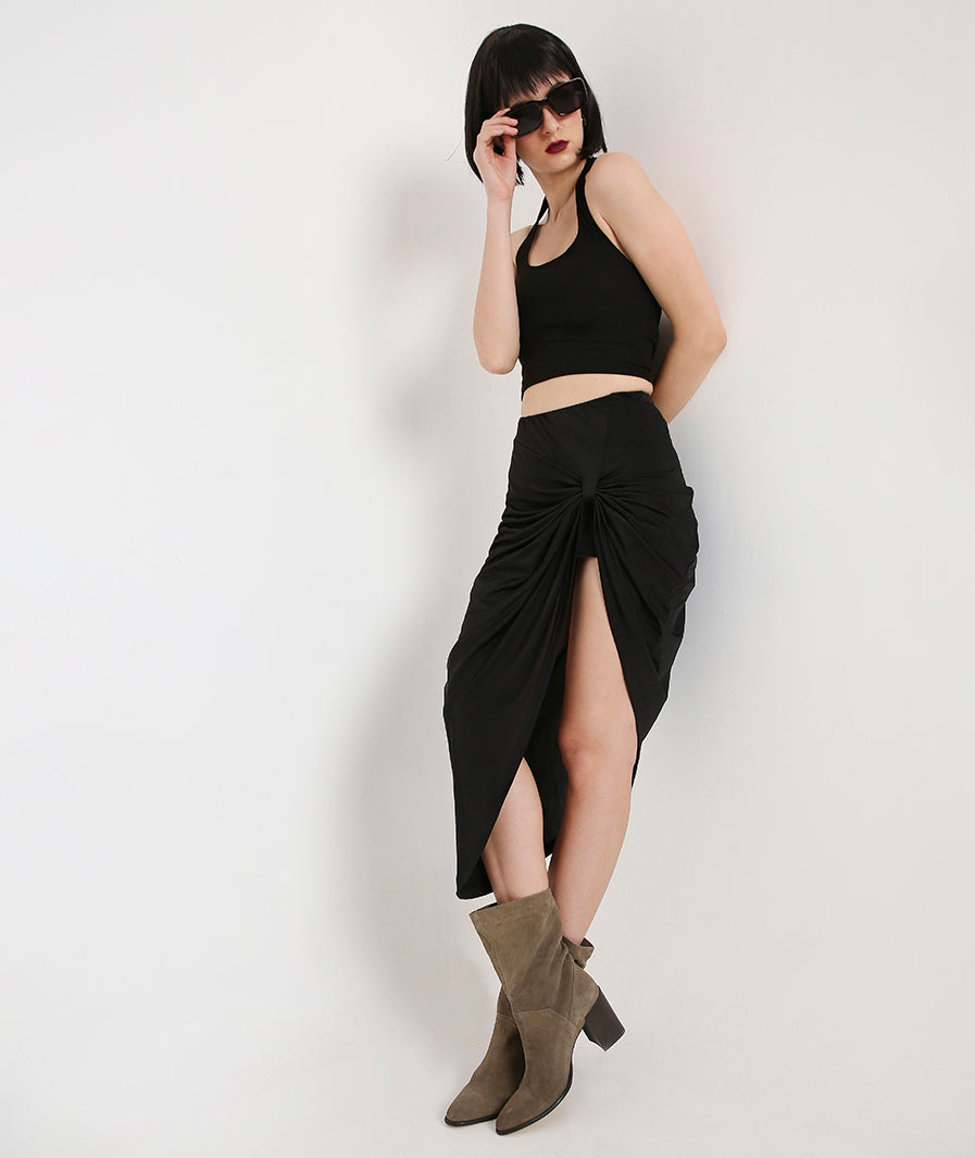 Black crystal shimmer Front Knot Skirt styled for party and vacation – vacation styling
