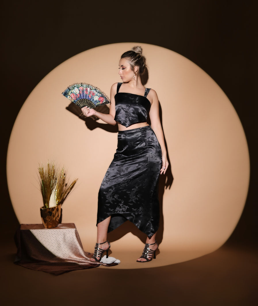Black dragon print Satin Skirt – detail close-up western long skirt for women, Marcel & Mae

