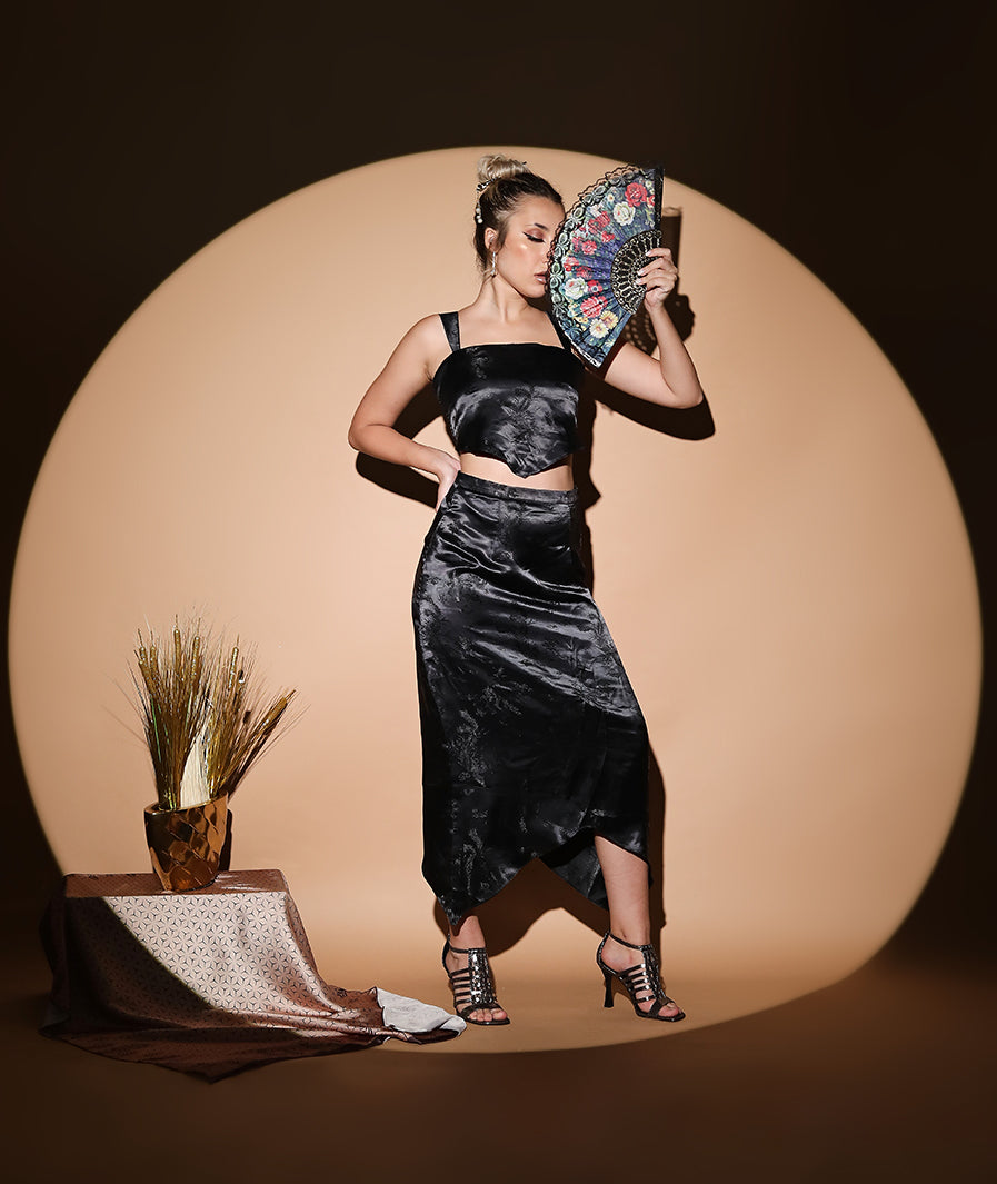 Black dragon print Satin Skirt – walking shot western long skirt for women, Marcel & Mae

