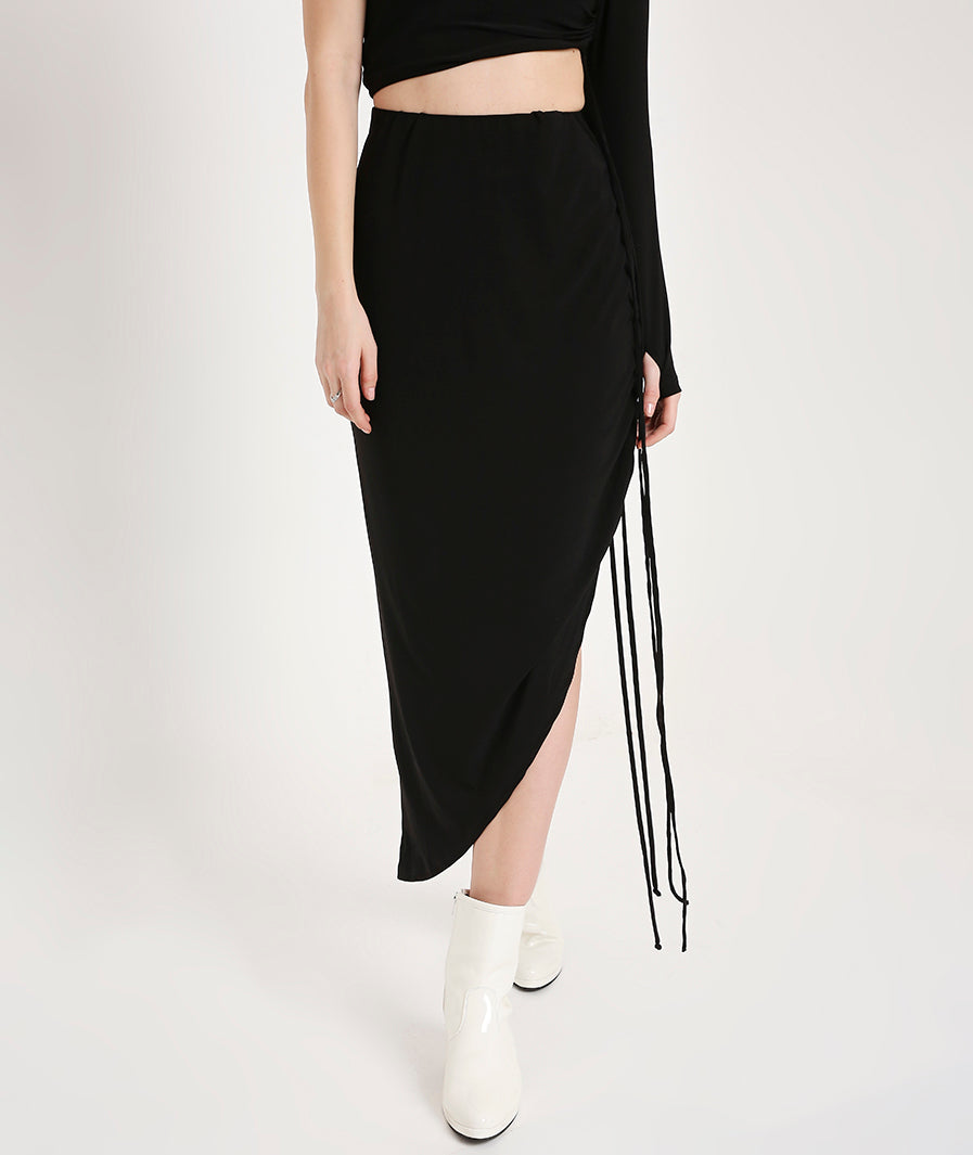 Marcel & Mae Drawstring Asymmetrical Long Skirt, back view, black long skirt

