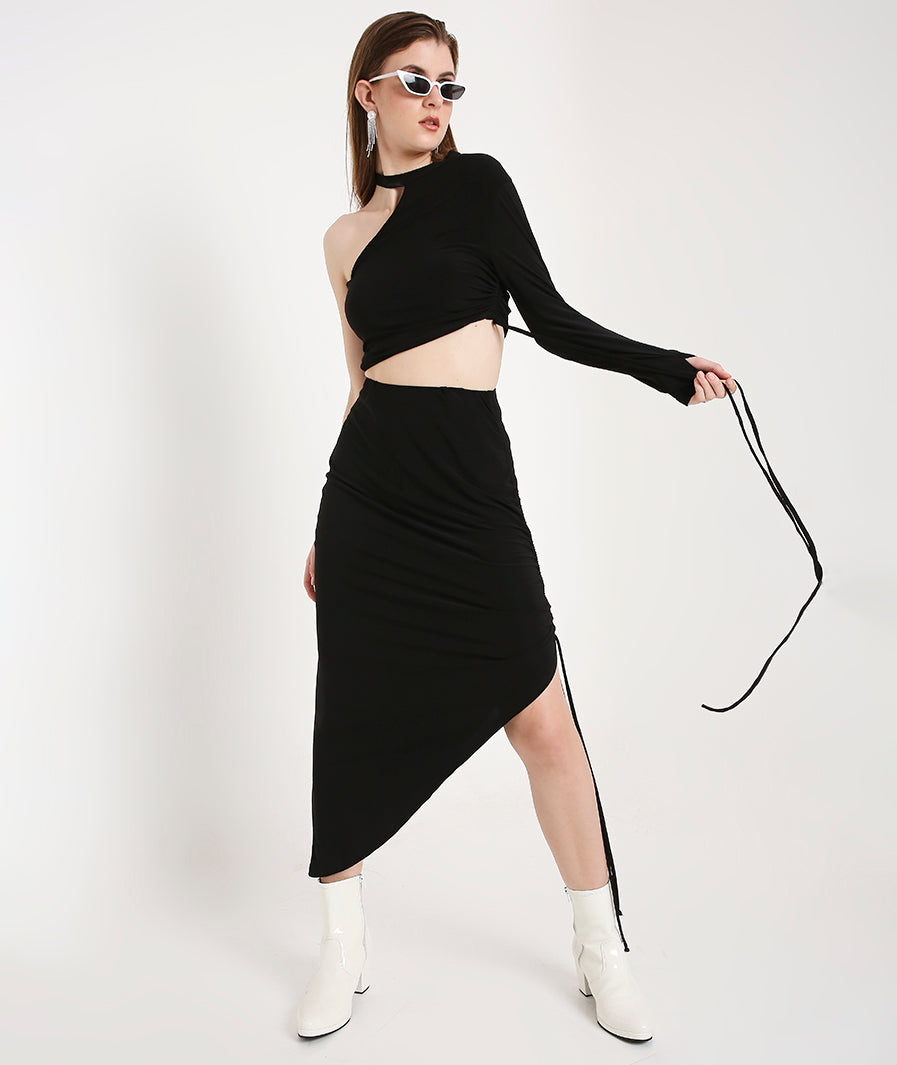 Marcel & Mae Drawstring Asymmetrical Long Skirt, waist detail, black long skirt (11)

