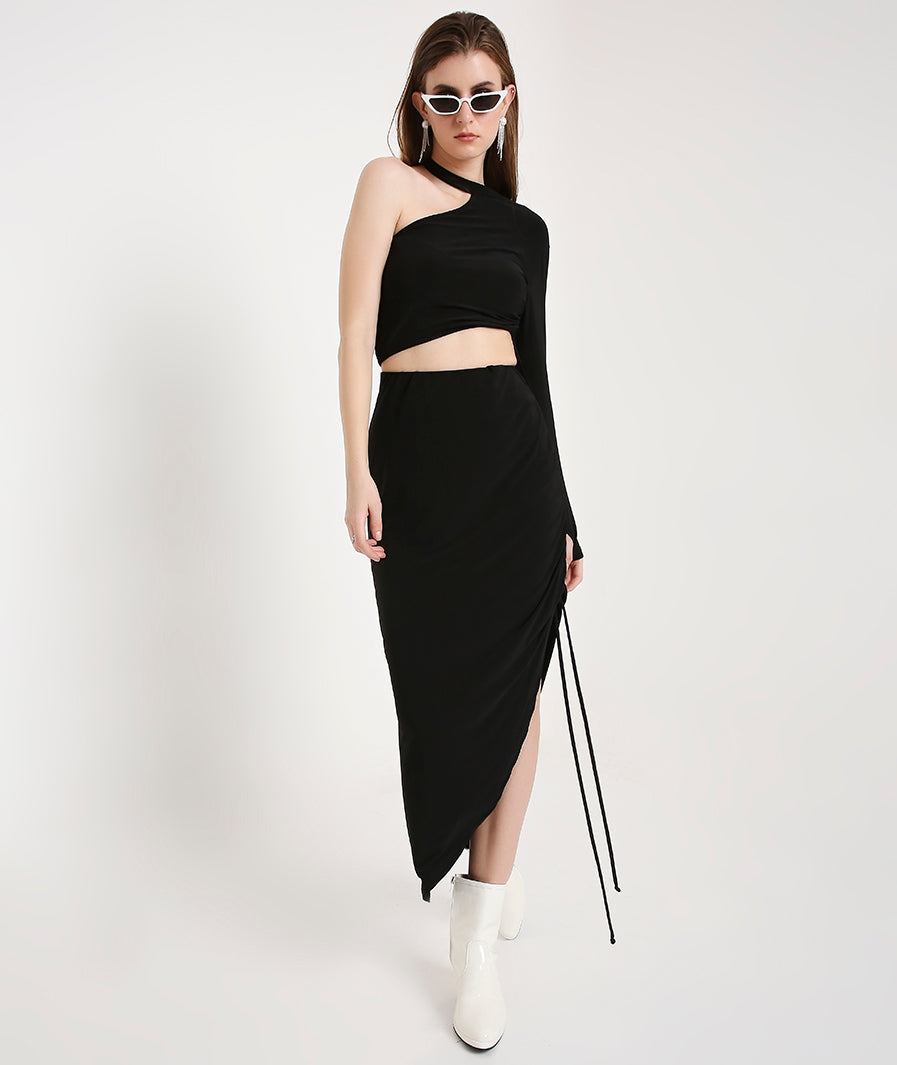 black long skirt: Drawstring Asymmetrical Long Skirt (vacation styling)
