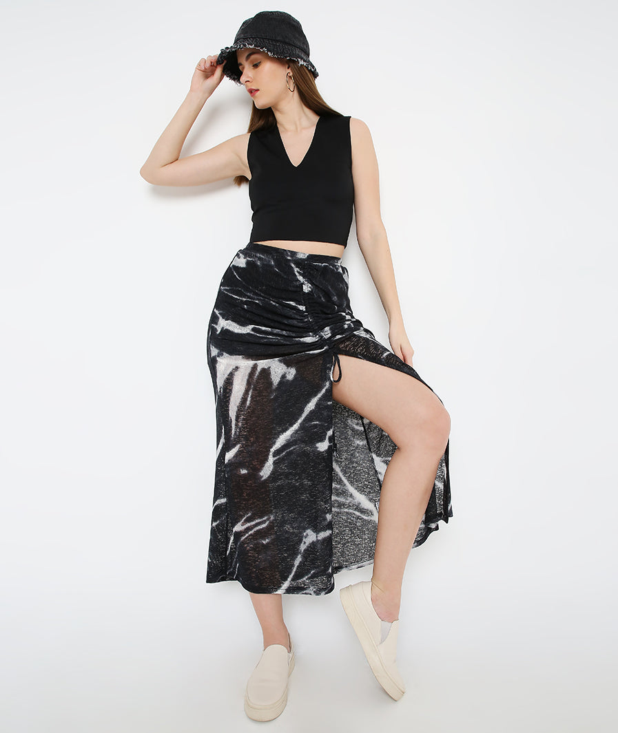 Marcel & Mae Black Drawstring Long Skirt for Women for Women, waist detail, black long skirt
