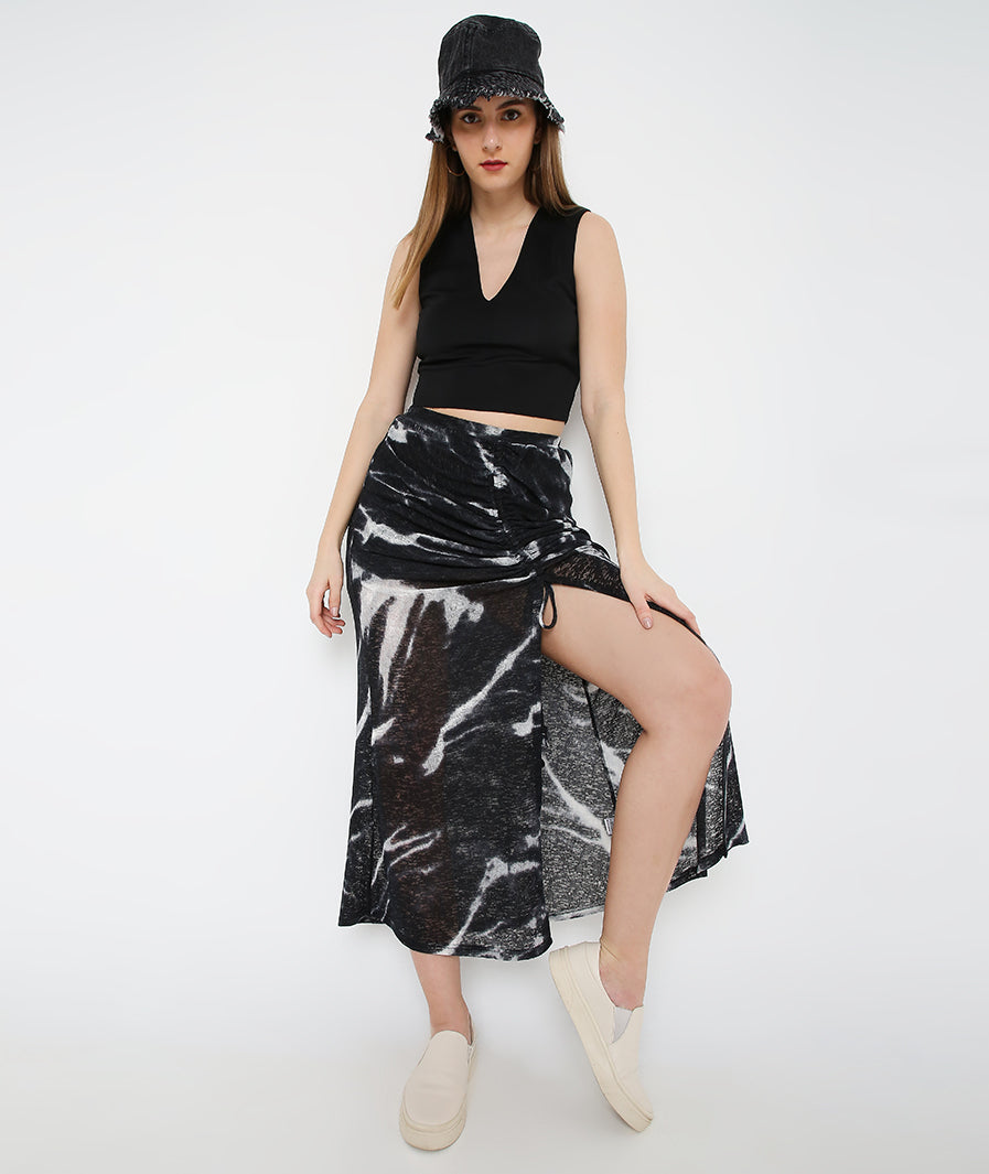 Marcel & Mae Black Drawstring Long Skirt for Women for Women, print detail, black long skirt
