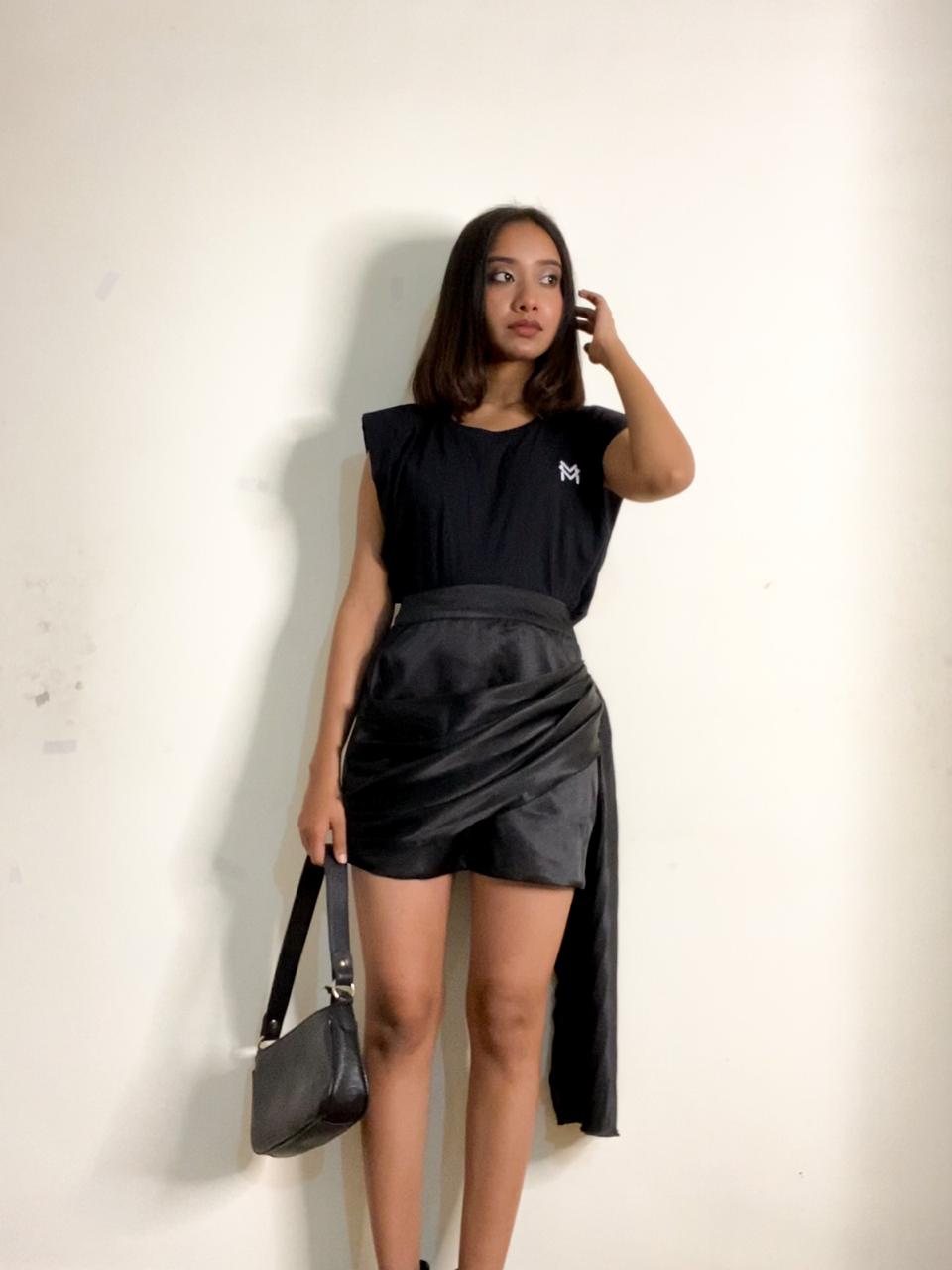 Marcel & Mae Black Satin Mini Skirt with Cowl, hem detail, black mini skirt
