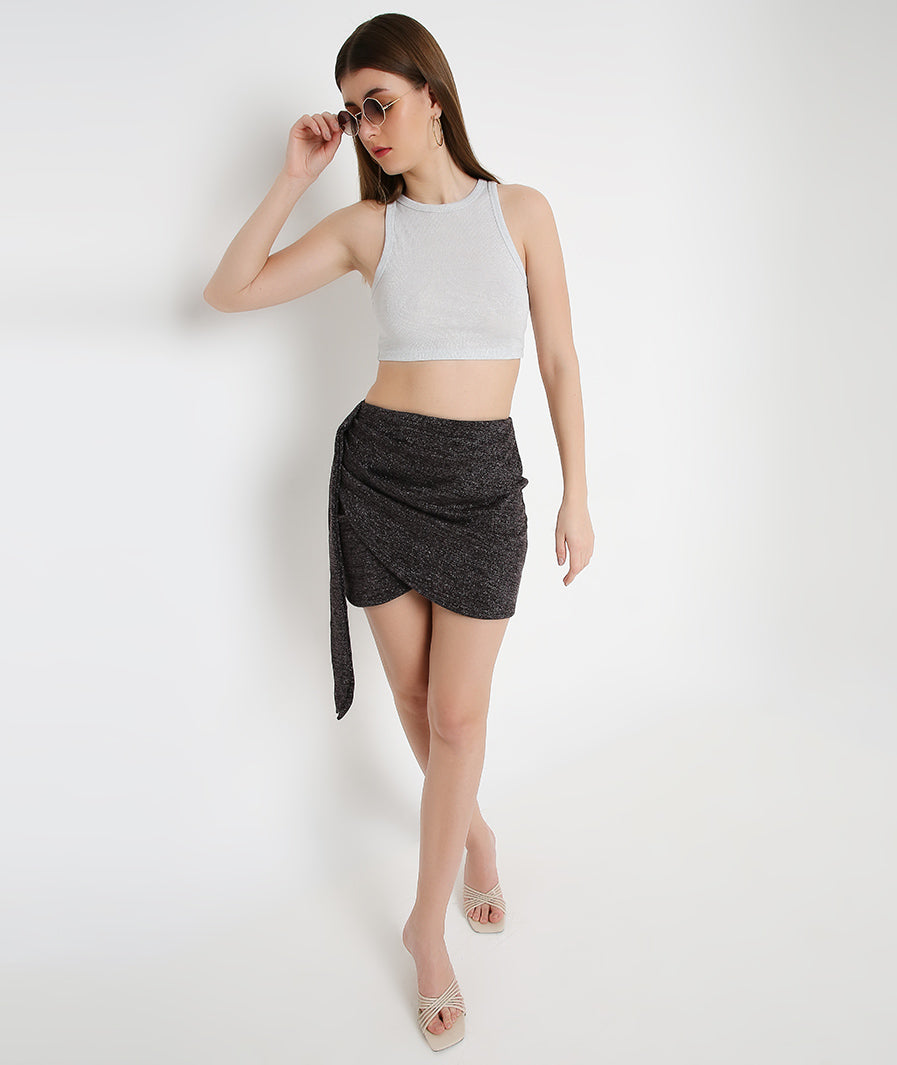 Black Shimmer Sarong Mini Skirt for Women for Women – detail close-up western mini skirt for women, Marcel & Mae

