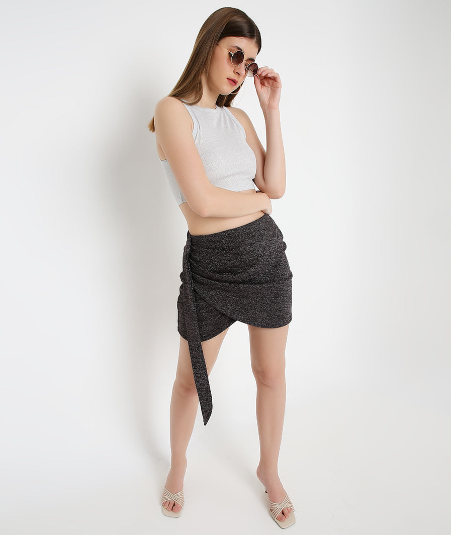 black mini skirt: Black Shimmer Sarong Mini Skirt for Women for Women (side angle)
